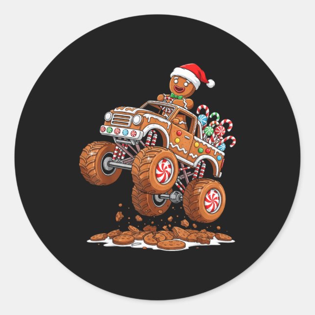 Pegatina Redonda Monster Truck Gingerbread Man Funny Christmas Baki (Anverso)