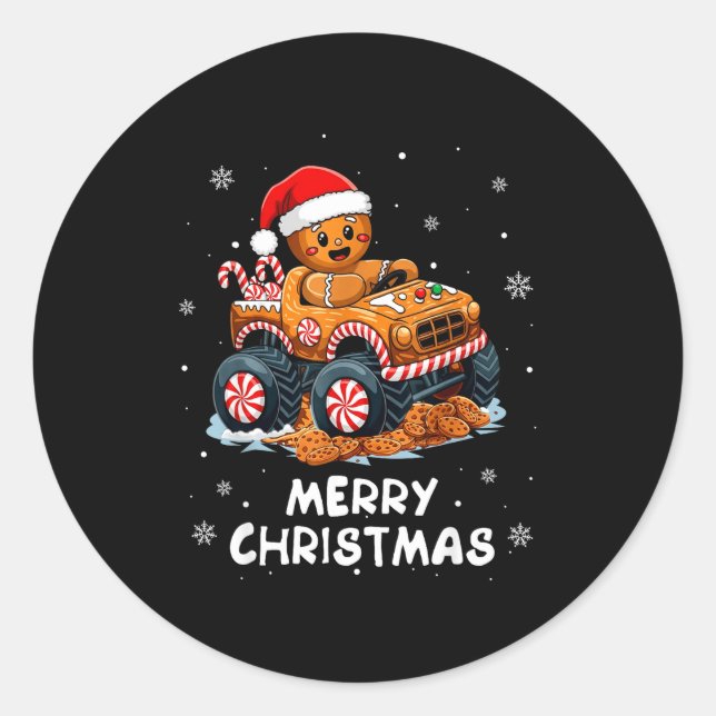 Pegatina Redonda Monster Truck Gingerbread Man Funny Merry Christma (Anverso)