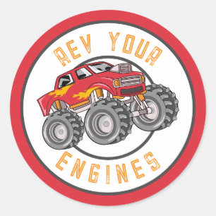 Pegatina Redonda Monster Truck Rev Your Engines Birthday Party