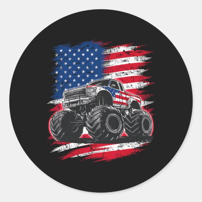 Pegatina Redonda Monster Truck Usa Flag American For Women Girls Ki (Anverso)