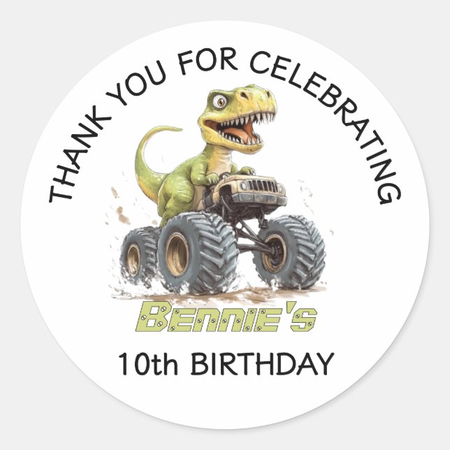 Pegatina Redonda Monster Truck Y T-Rex Dinosaur Birthday Party (Anverso)