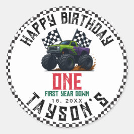 Pegatina Redonda Monster Trucks 1st Birthday Vroom Party