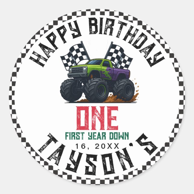 Pegatina Redonda Monster Trucks 1st Birthday Vroom Party (Anverso)