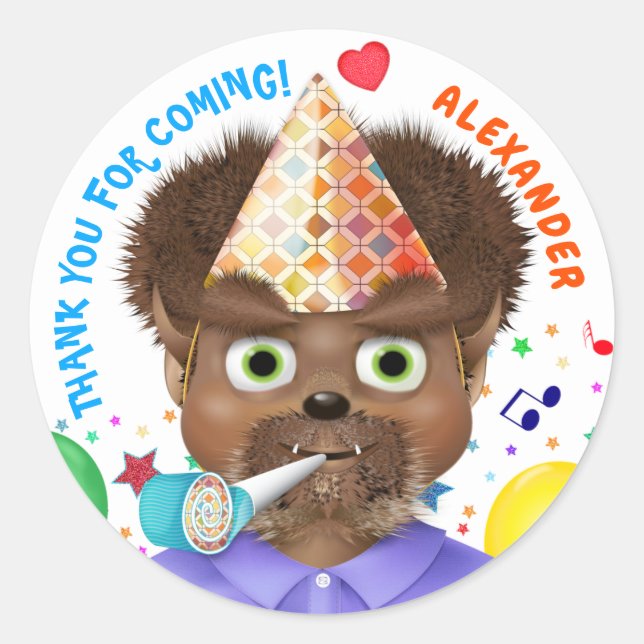 Pegatina Redonda Monster Wolf Boy Birthday | Gracias (Anverso)