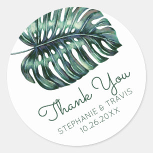 Pegatina Redonda Monstera Palm Leaf Boda Tropical Gracias