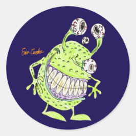 Pegatina Redonda monstruo alienígena verde de 4 ojos