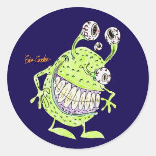 Pegatina Redonda monstruo alienígena verde de 4 ojos
