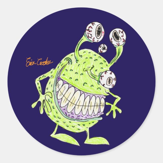 Pegatina Redonda monstruo alienígena verde de 4 ojos (Anverso)