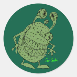 Pegatina Redonda monstruo alienígena verde de 4 ojos todo verde