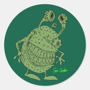 Pegatina Redonda monstruo alienígena verde de 4 ojos todo verde