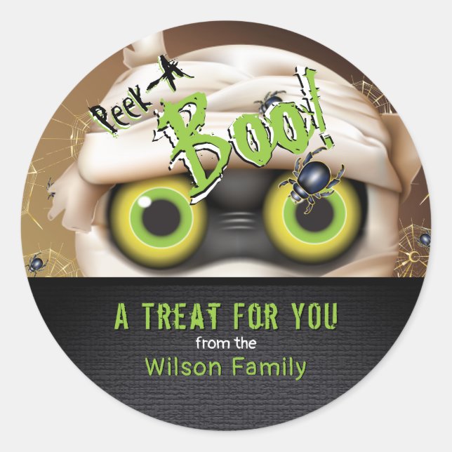 Pegatina Redonda Monstruo de la momia de Halloween mira una etiquet (Anverso)