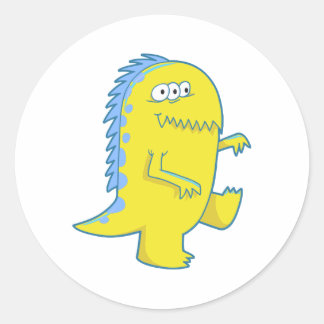 Pegatina Redonda monstruo del dino amarillo de tres ojos
