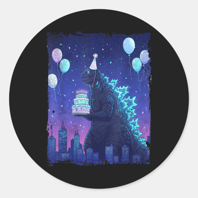 Pegatina Redonda Monstruo del partido de cumpleaños Kaiju Japón es  (Anverso)