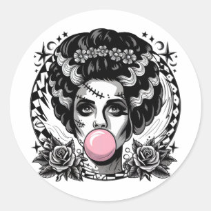 Pegatina Redonda Monstruo Frankenstein Y Gracioso Goma De Burbuja D