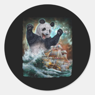 Pegatina Redonda Monstruo Gigante Panda Mientras Kraken Ataque Un B