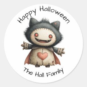 Pegatina Redonda Monstruo lindo con "Halloween feliz" y nombre