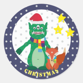 Pegatina Redonda Monstruo lindo, zorro retro Feliz Año Nuevo