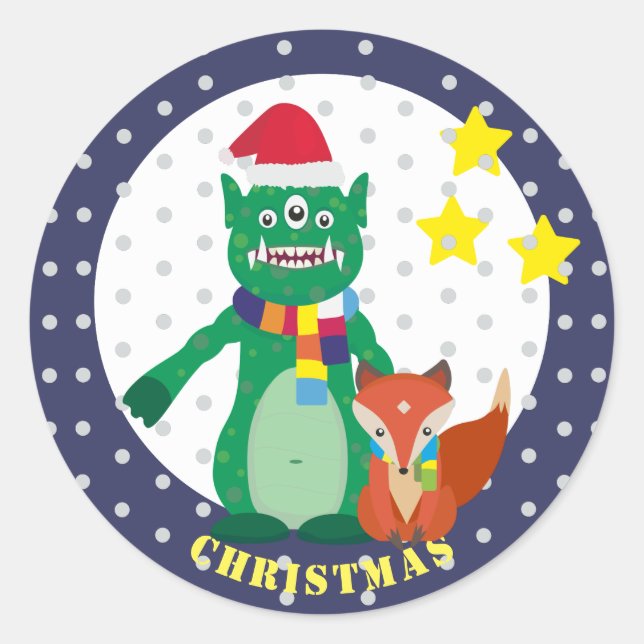 Pegatina Redonda Monstruo lindo, zorro retro Feliz Año Nuevo (Anverso)