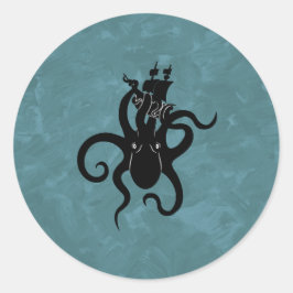 Pegatina Redonda Monstruo marino azul y kraken negro