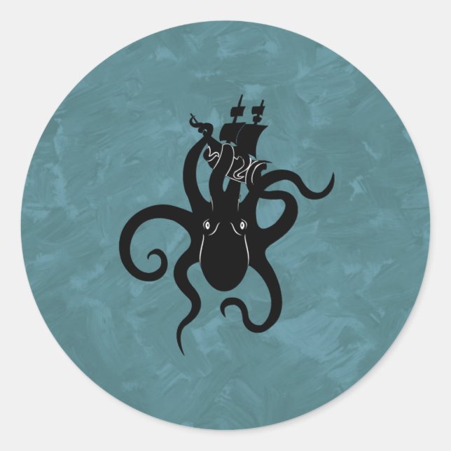 Pegatina Redonda Monstruo marino azul y kraken negro (Anverso)