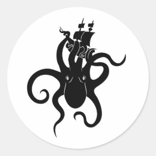Pegatina Redonda Monstruo marino azul y kraken negro con barco