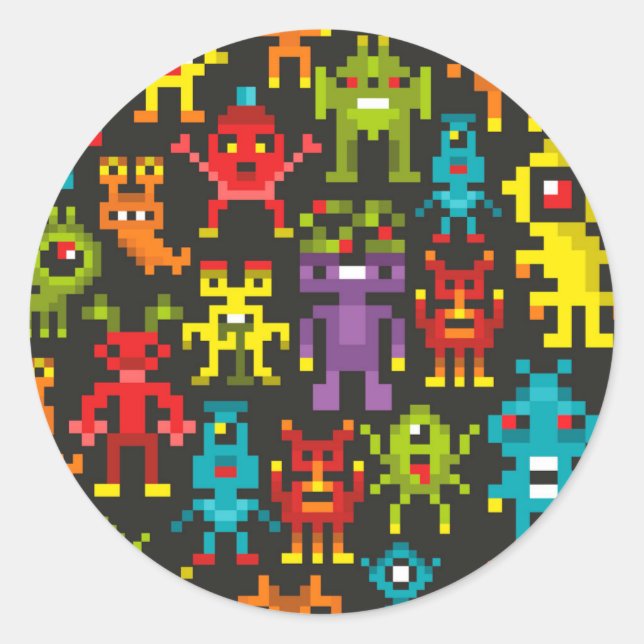 Pegatina Redonda Monstruos Pixel de 8 bits (Anverso)
