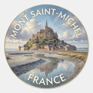 Pegatina Redonda Mont Saint-Michel Francia Abadía Isla Medieval