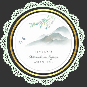 Pegatina Redonda Montaña Acuarela de Vegetación Rústica