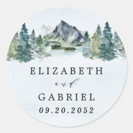 Pegatina Redonda Montaña acuarela Elegante Boda temático rústico