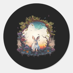 Pegatina Redonda Montaña Woodland Animales Conejo Naturaleza Floral