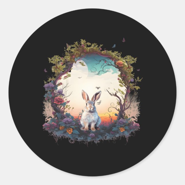 Pegatina Redonda Montaña Woodland Animales Conejo Naturaleza Floral (Anverso)
