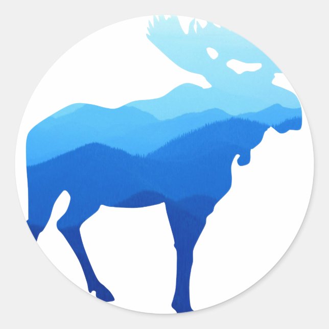 Pegatina Redonda Montañas Azules Moose Silhouette (Anverso)