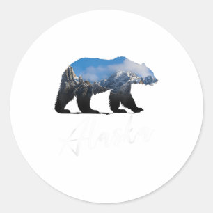 Pegatina Redonda Montañas de Alaska con el sur del estado de Grizzl