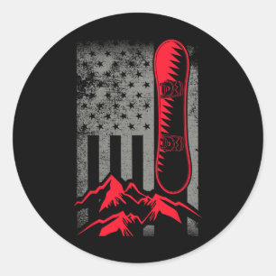 Pegatina Redonda Montañas de snowboard Bandera Americana Deportes d