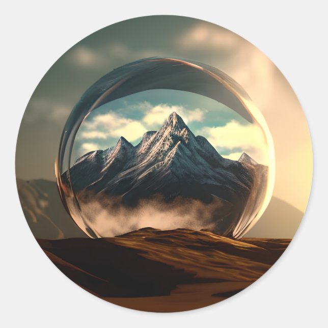 Pegatina Redonda Montañas en un globo de burbujas (Anverso)