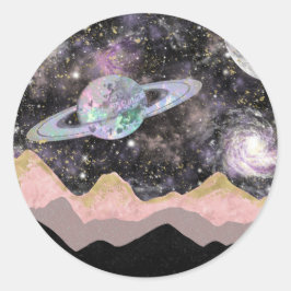 Pegatina Redonda Montañas Espaciales Cielo Estrellado Galaxia Plane