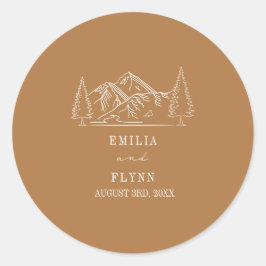 Pegatina Redonda Montañas Línea Art Goldenrod Boda