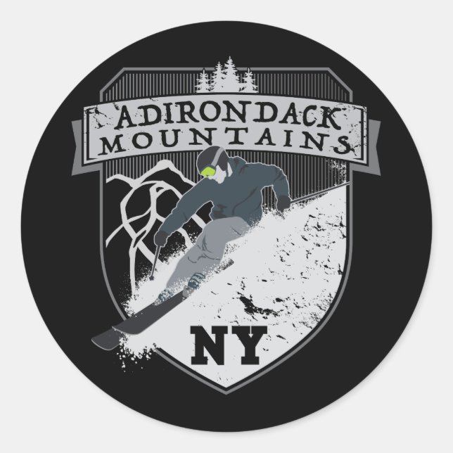 Pegatina Redonda Montañas Ski Adirondack, NY (Anverso)