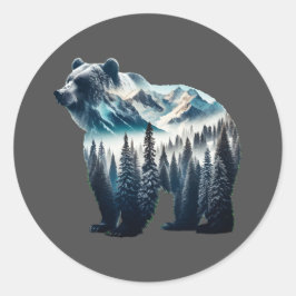 Pegatina Redonda Montañas y bosques de oso pardo