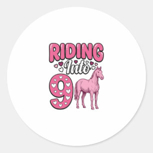 Pegatina Redonda Montando en 9 Cumpleaños de Chica Caballo Camiseta