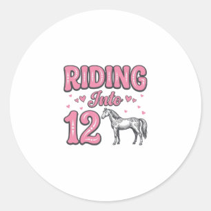 Pegatina Redonda Montando en Cumpleaños de 12 Caballos Diseño Vecto