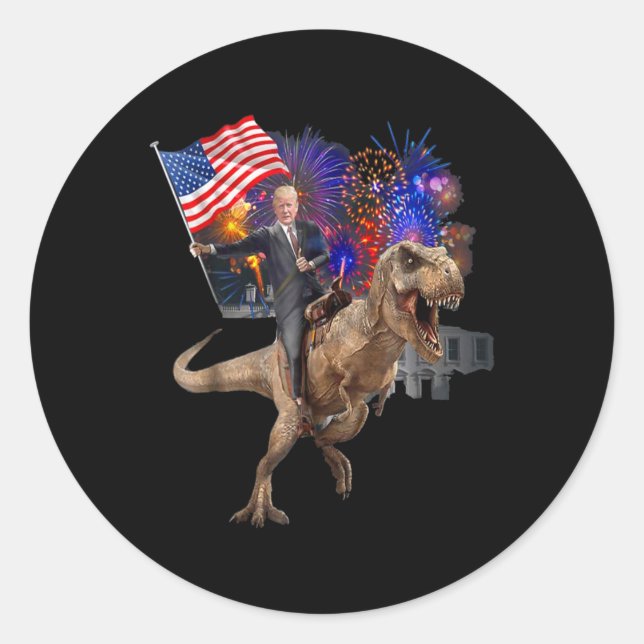 Pegatina Redonda Montando un dinosaurio T-rex Suppor Trump 2020 (Anverso)