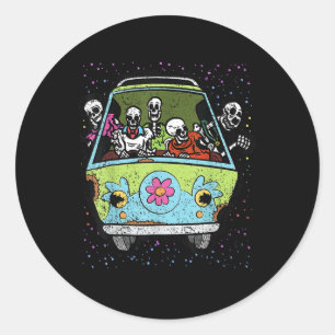 Pegatina Redonda Montar Hippie Van Halloween Disfraz Huesos Retro