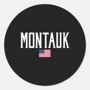 Pegatina Redonda Montauk Bandera Americana Texto blanco