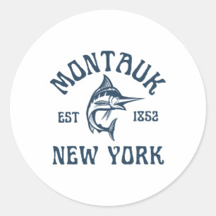 Pegatina Redonda Montauk Nueva York Pesca Marlin Viaje Pescado Play