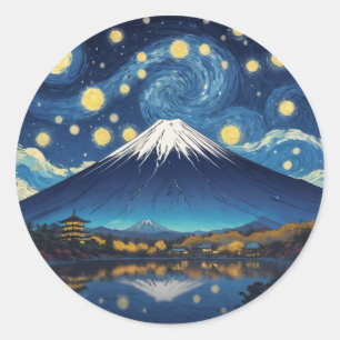 Pegatina Redonda monte fuji en noche estrellada