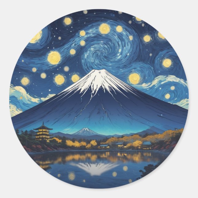 Pegatina Redonda monte fuji en noche estrellada (Anverso)