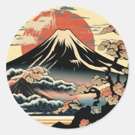 Pegatina Redonda Monte Fuji, Fugaku, fujiyama, Ukiyo-e Art,