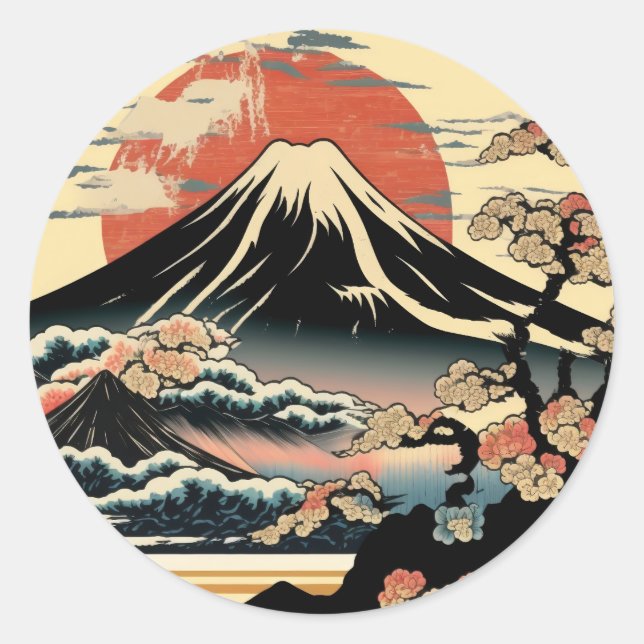 Pegatina Redonda Monte Fuji, Fugaku, fujiyama, Ukiyo-e Art, (Anverso)