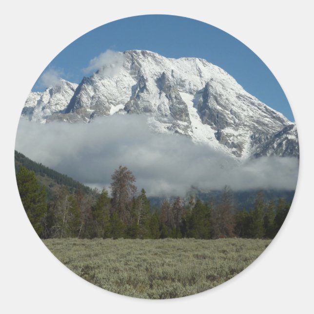 Pegatina Redonda Monte Moran y nubes en Grand Teton (Anverso)